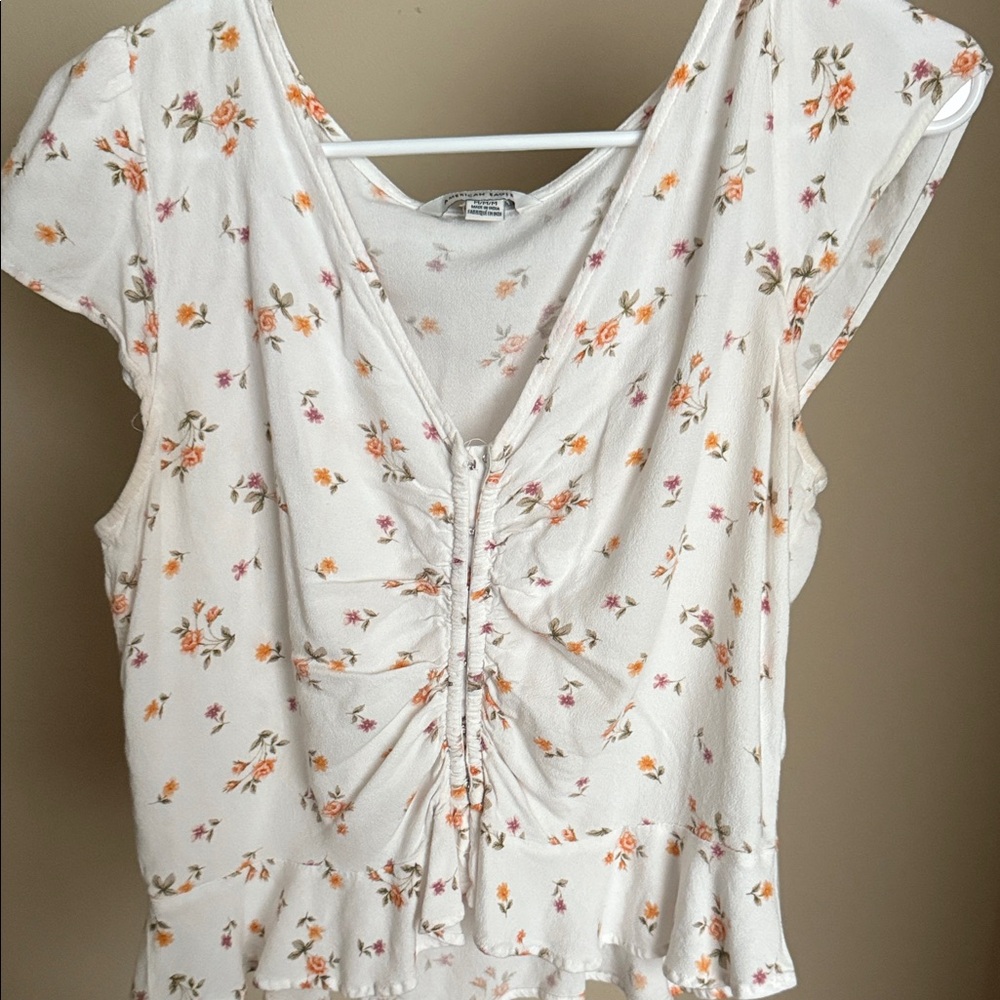 American Eagle Floral White Ruffle Top